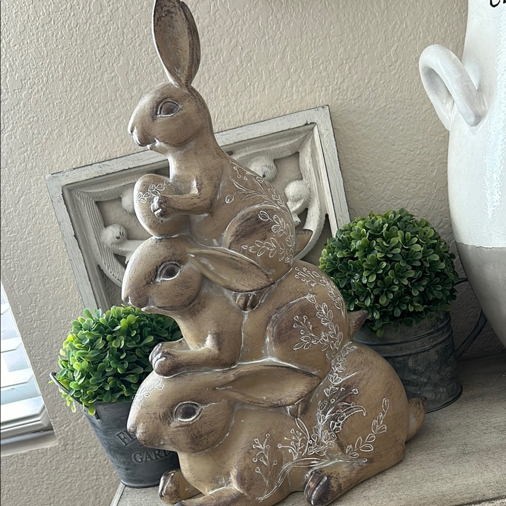 Boho Farmhouse Cottage Large Stacked Rabbit Figurine
